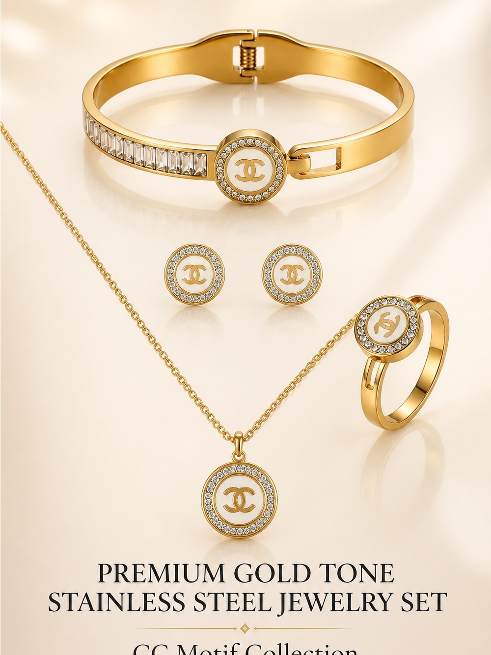 Gold-Tone Stainless Steel Jewelry Set with CC Motif
